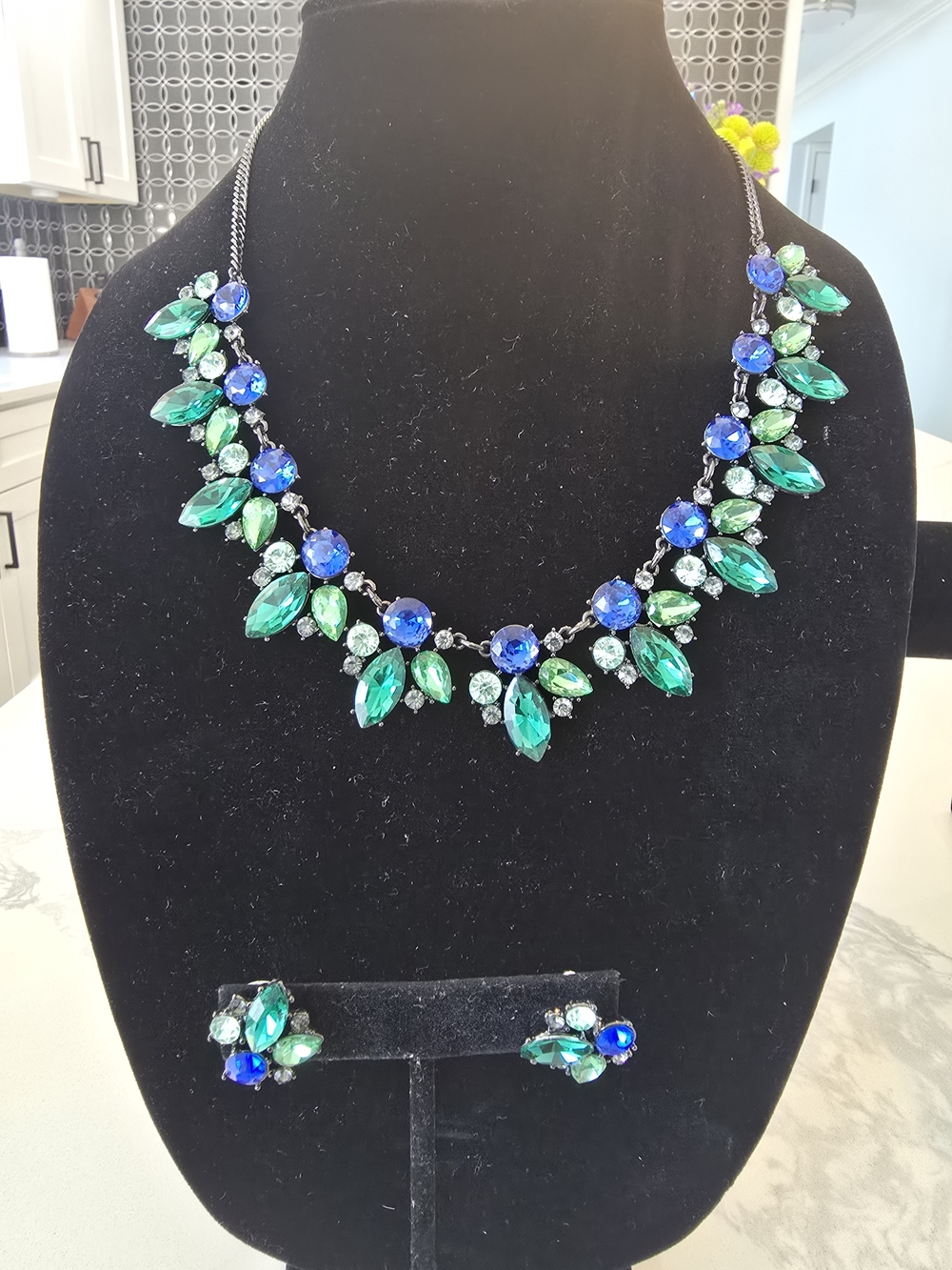Blue and Green Crystal Floral Bib Necklace with Matching Earrings